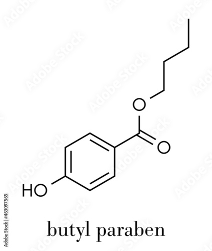 Butyl paraben (butylparaben, butyl 4-hydroxybenzoate) preservative molecule. Skeletal formula. photo