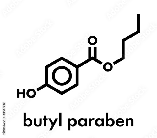 Butyl paraben (butylparaben, butyl 4-hydroxybenzoate) preservative molecule. Skeletal formula.
