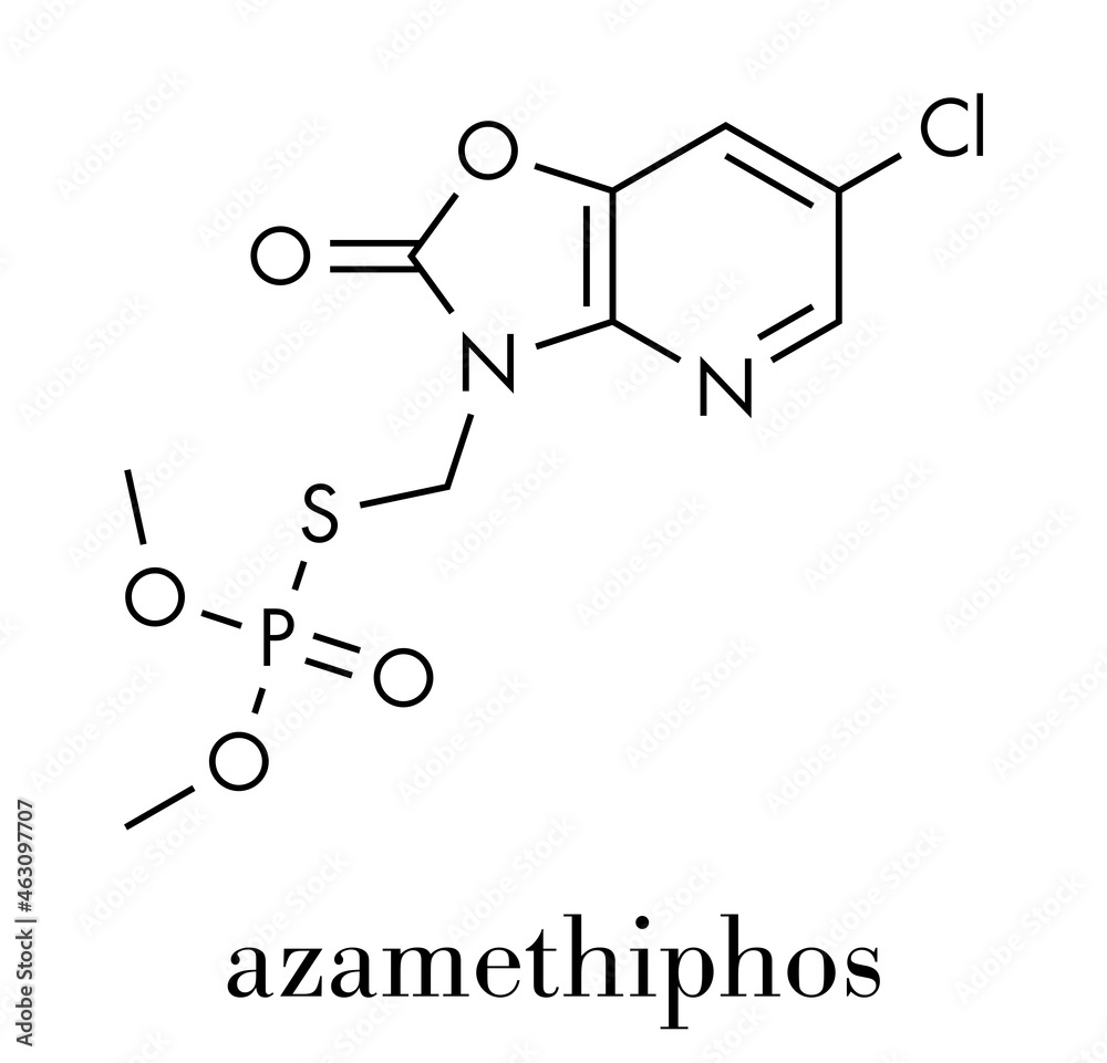 Azamethiphos pesticide molecule. Used in flypaper, veterinary medicine, etc. Skeletal formula. Azamethiphos pesticide molecule. Used in flypaper, veterinary medicine, etc. Skeletal formula.