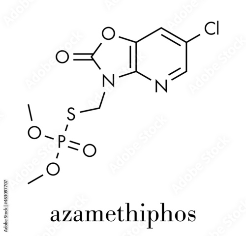 Azamethiphos pesticide molecule. Used in flypaper, veterinary medicine, etc. Skeletal formula.