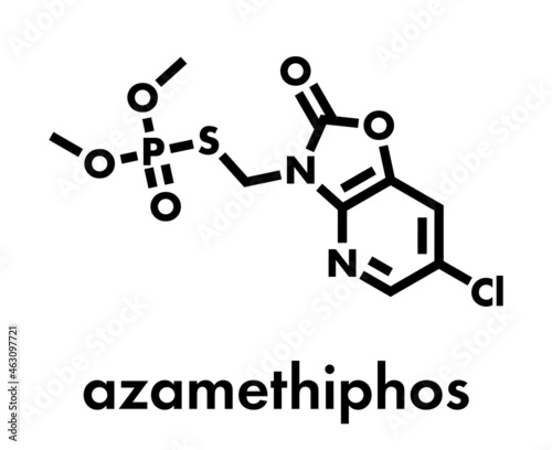 Azamethiphos pesticide molecule. Used in flypaper, veterinary medicine, etc. Skeletal formula.