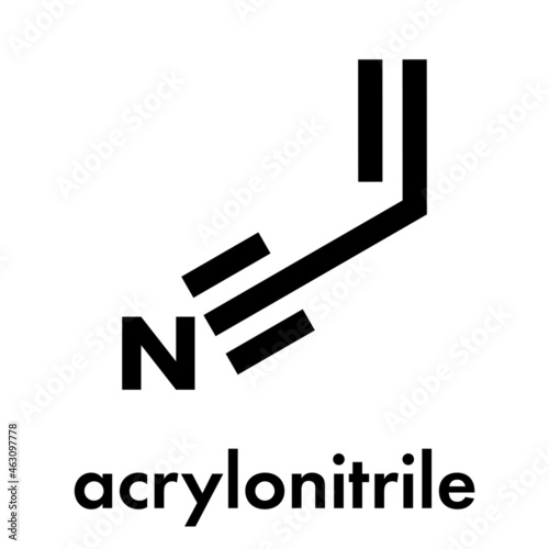 Acrylonitrile molecule, polyacrylonitrile (PAN) and ABS plastic (acrylonitrile butadiene styrene) building block. Skeletal formula.