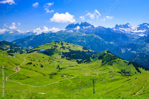 Landscape of mountains of Alps in summer with gondola lift in Portes du Soleil, Switzerland, Europe