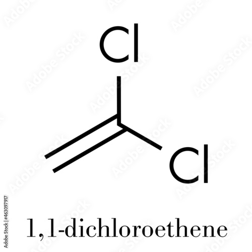 1,1-dichloroethene (DCE) polyvinylidine chloride (PVDC) building block. Skeletal formula.