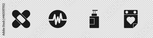 Set Crossed bandage plaster, Heart rate, Hand sanitizer bottle and Doctor appointment icon. Vector