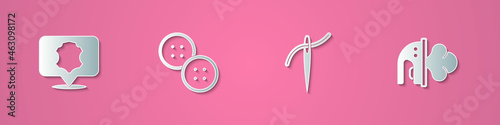 Set paper cut Leather, Sewing button, Needle with thread and Electric iron icon. Paper art style. Vector