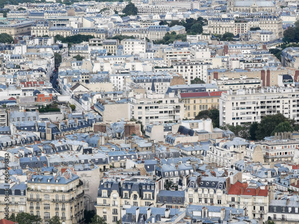 City detail of Paris from above, characteristic pattern of the zinc covered roofs