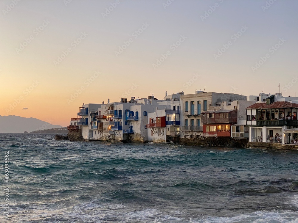 View front houses of little Venice on Mykonos island, Greece
