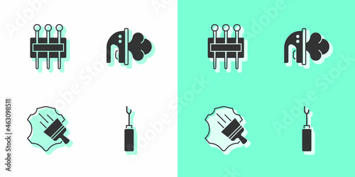 Set Awl tool, Needle for sewing, Leather and Electric iron icon. Vector