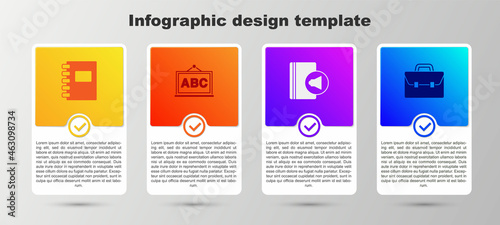 Set Spiral notebook, Chalkboard, Audio and Briefcase. Business infographic template. Vector