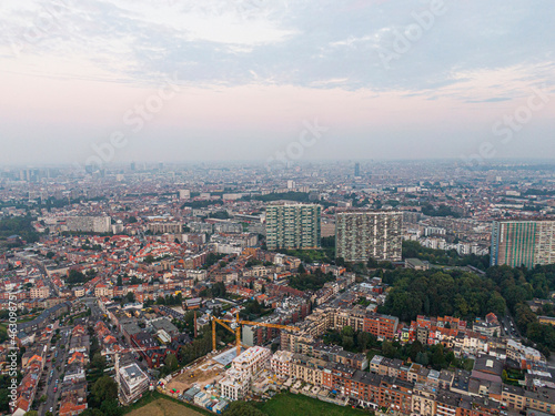 Aerial panorama view of Brussels-Capital Region and suburban area in the foreground. View from Ganshoren municipality during grey sunset