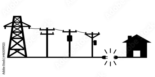Electric poles to transmit electricity to house or home power failure outage plug and socket unplug black icon on white background flat vector design.
