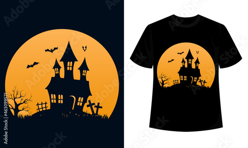 Retro Sunset Halloween House T-shirt Design Background, Witch Tshirt Design, Halloween T-shirt Design