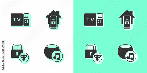 Set Voice assistant, Multimedia and TV box receiver, Digital door lock and Mobile with smart home icon. Vector