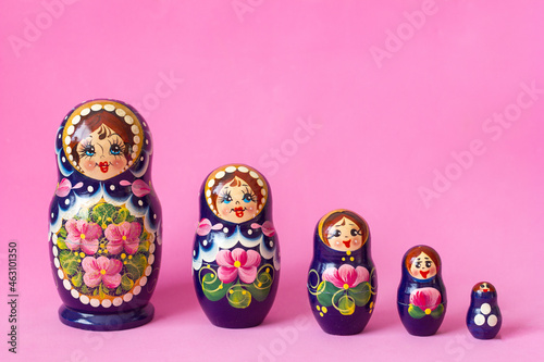 Matryoshka set of wooden toys in Russian national style, traditional souvenir from Russia