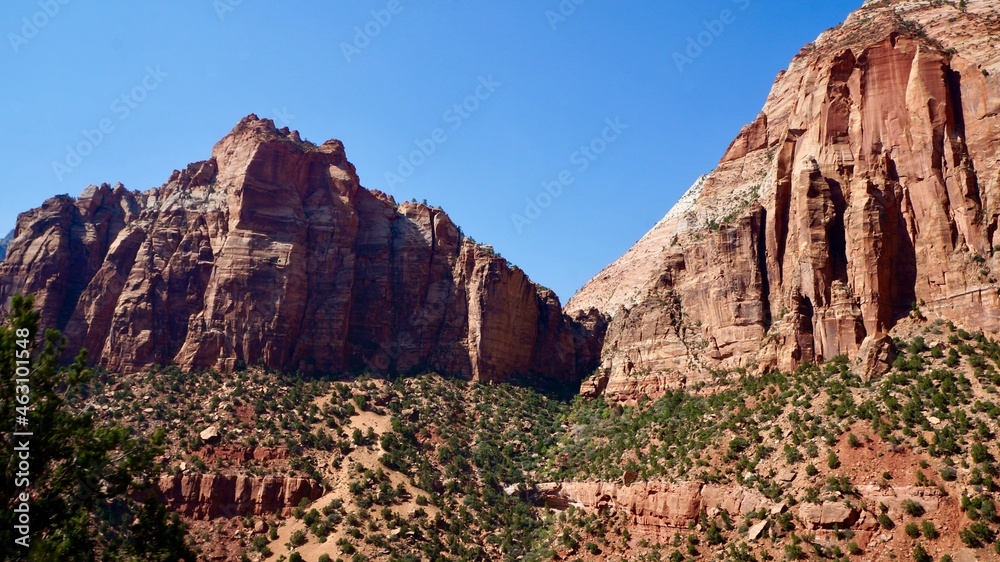 Zion National Park in Utah, US.
Carmel Hwy passing through the park. You can enjoy the magnificent and beautiful mountains.Beautiful natural rocky mountain.