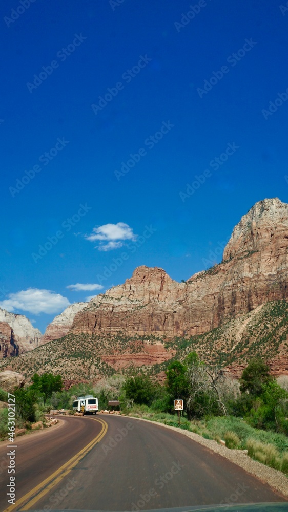 Fototapeta premium Zion National Park in Utah, United States. This road is closed to general vehicles and a free shuttle bus will take tourists ahead.