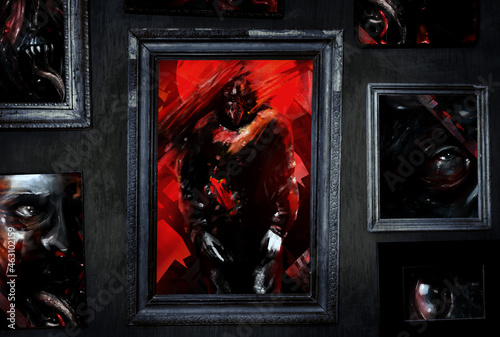 Foto Horror scary illustration of framed pictures with haunted ghost monster faces and possessed man