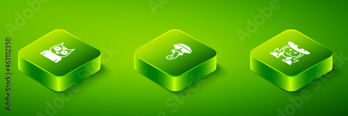 Set Isometric Psilocybin mushroom, Witch and Owl bird icon. Vector