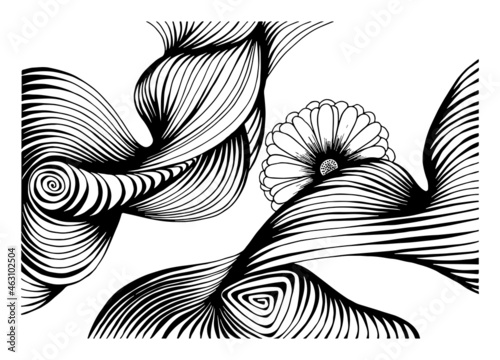 Abstract black and white line art background. Waves, optical illusions with a floral pattern. Hand drawn vector doodle illustration. Graphic sketch. Isolated design element.