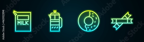 Set line Paper package for milk, French press, Donut with sweet glaze and Sugar stick packets. Glowing neon icon. Vector