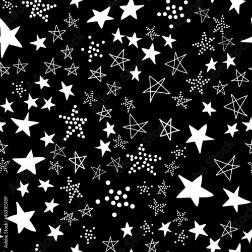 Seamless pattern, night starry sky black white, simple vector with star element