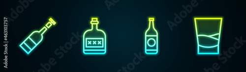 Set line Opened bottle of wine, Alcohol drink Rum, Beer and Glass vodka. Glowing neon icon. Vector