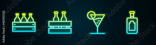 Set line Bottles of wine in a wooden box, Pack beer bottles, Martini glass and Whiskey. Glowing neon icon. Vector