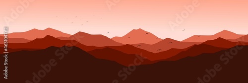 bird silhouete in mountain landscape vector illustration for background, wallpaper, backdrop, web banner, design template and tourism design template