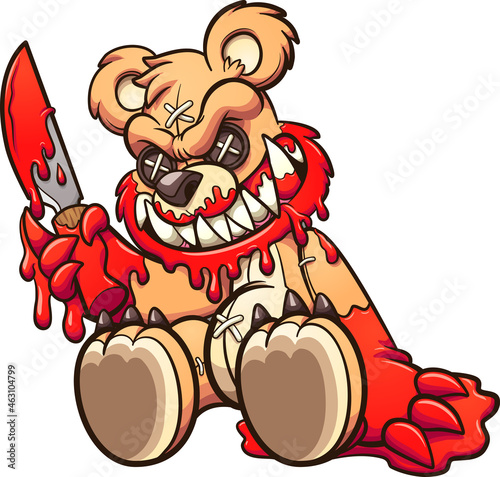 Evil Teddy bear covered in blood and holding a knife. Vector clip art illustration with simple gradients. All on a single layer.
