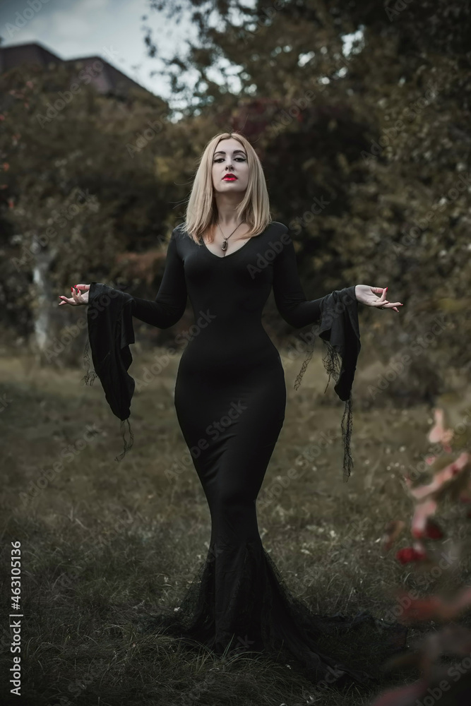 Witch in black dress, Halloween concept, ideas for party, perfect lady in dark gothic clothes