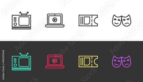 Set line Retro tv, Online play video, Cinema ticket and Comedy and tragedy masks on black and white. Vector