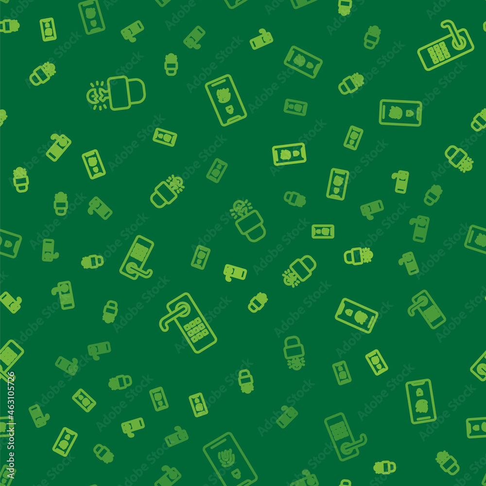 Set line Key broke inside of padlock, Digital door and Mobile with fingerprint scan on seamless pattern. Vector