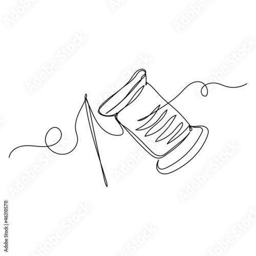 Continuous one single line of a fabric needle with thread in silhouette on a white background. Linear stylized.