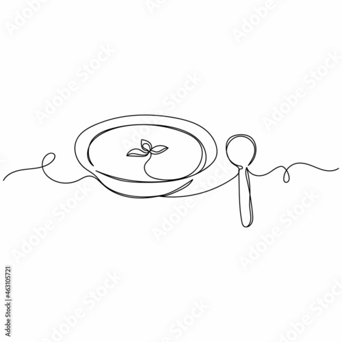 Continuous one single line of a soup with spoon food concept in silhouette on a white background. Linear stylized.
