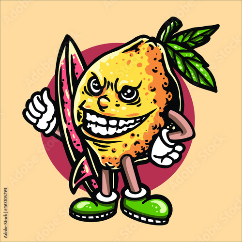 Photography surfing lemon cartoon vector design