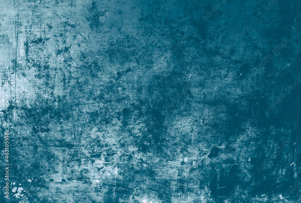 Blue grunge surface. Vintage grainy background. Ancient stains print. Rough grunge texture of metal. Retro old splatter. Abstract chalk wallpaper. Scratched grunge material.