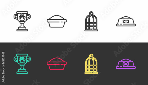 Set line Pet award, food bowl, Cage for birds and on black and white. Vector