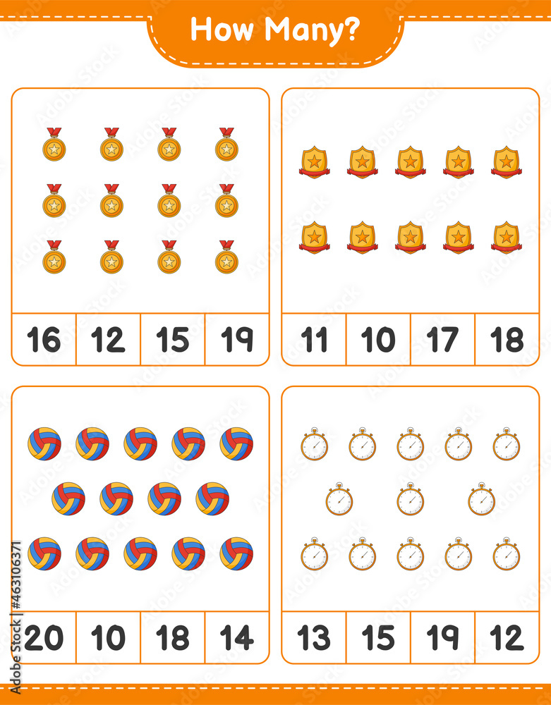 Counting game, how many Stopwatch, Trophy, and Volleyball. Educational ...