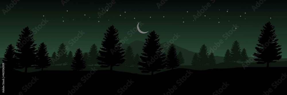 night at mountain forest with star in the sky vector illustration good for wallpaper, backdrop, background, tourism, banner, and design template