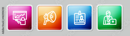 Set line Training, presentation, Megaphone, Identification badge and Businessman. Colorful square button. Vector