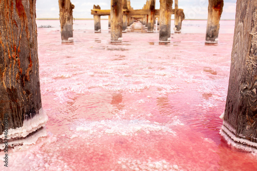 The pink lake is a beautiful landscape, unusual nature. A unique rare natural phenomenon. Salt lake with pink algae. Beautiful landscape. photo