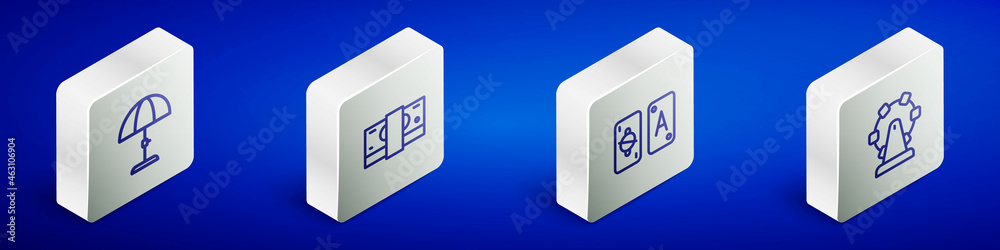Set Isometric line Sun protective umbrella, Stacks paper money cash, Tarot cards and Ferris wheel icon. Vector Set Isometric line Sun protective umbrella, Stacks paper money cash, Tarot cards and Ferris wheel icon. Vector