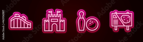 Set line Roller coaster, Castle, Bowling pin and ball and Amusement park billboard. Glowing neon icon. Vector