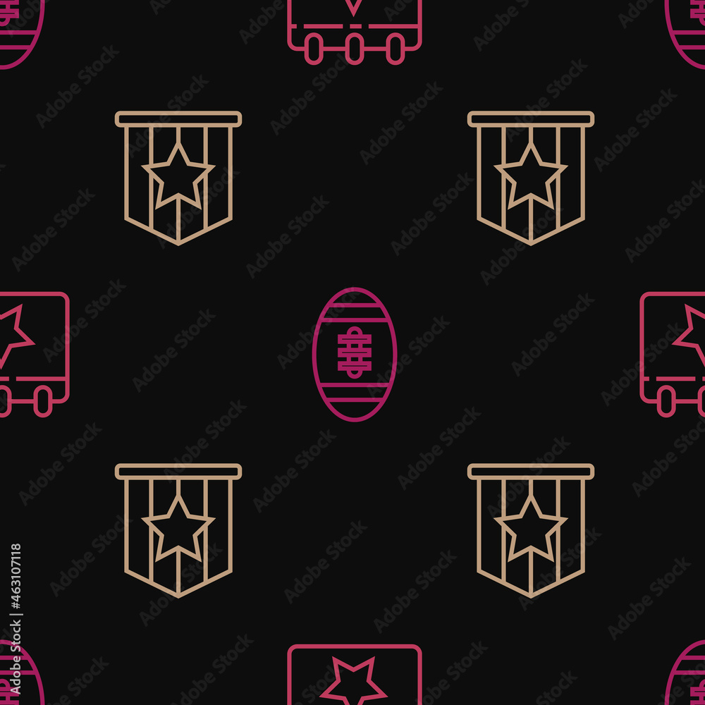 Set line Calendar with date July 4, American flag and Football ball on seamless pattern. Vector