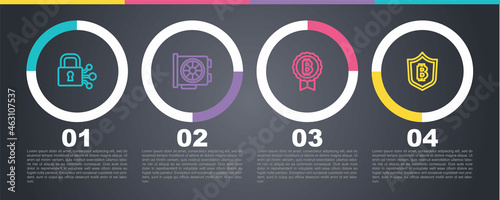 Set line Lock with bitcoin, Video graphic card, Bitcoin and Shield. Business infographic template. Vector