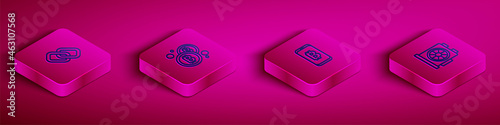 Set Isometric line Chain link, Bitcoin, Mining bitcoin from mobile and Video graphic card icon. Vector