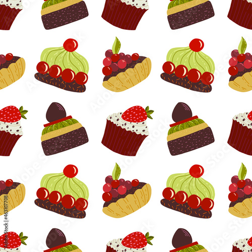 Bon Appetit. Seamless Pattern with Cute cakes and pies. Hand drawn vector illustration.