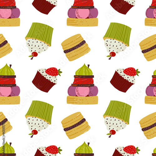 Bon Appetit. Seamless Pattern with Cute cakes and pies. Hand drawn vector illustration.
