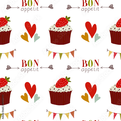 Bon Appetit. Seamless Pattern with Cute cakes and pies. Hand drawn vector illustration.